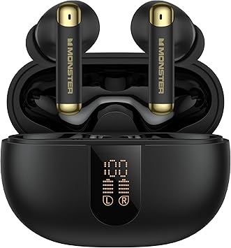 Monster Wireless Earbuds, Bluetooth 6.0 in-Ear Headphones with Charging Case, Stereo Earphones Deep Bass Sound, Built-in Mic, Clear Call, Water Resistant Design for Sports Black