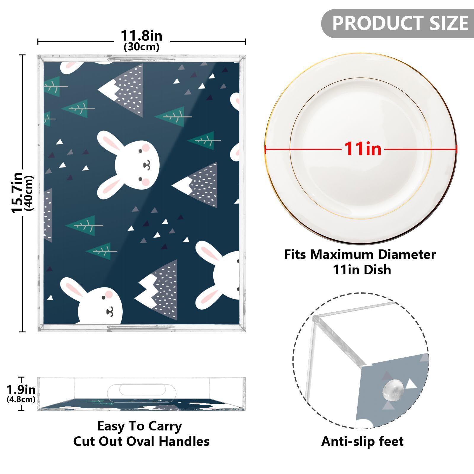 Bandejas acrílicas transparentes Happy Cute Bunny en bandeja transparente personalizada para servir con asas, bandeja acrílica para galletas de 12 x 16 pulgadas, bandeja de servir acrílica impermeable
