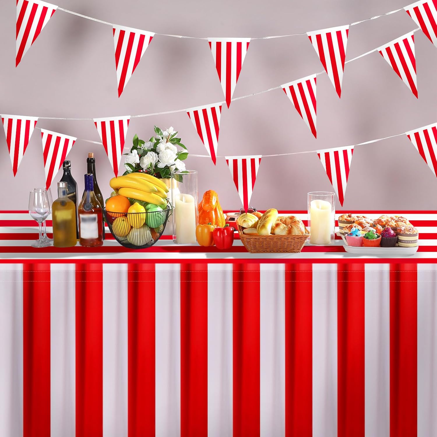 Chumia 20 Pcs Carnival Theme Party Decorations Circus Decorations Carnival Table Skirts Carnival Tablecloths Red White Striped Pennant Banners Circus Carnival Bunting Banners for Carnival Circus