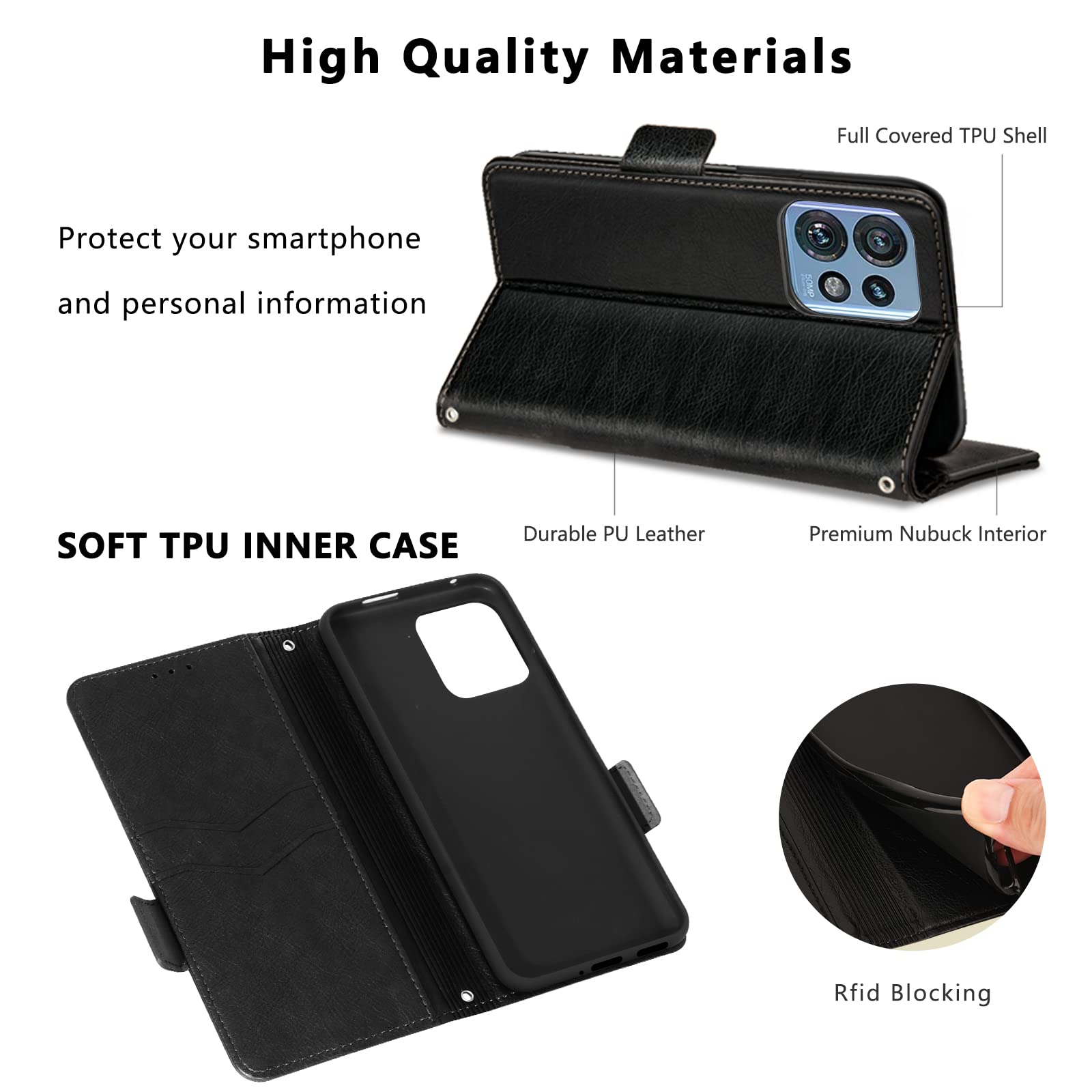 Cover per Motorola Edge 40 Pro, Custodia Flip Pelle Portafoglio, Magnetica Libro Slot Schede Moto Edge 40 Pro Cover, Silicone TPU Bumper Wallet Supporto Antiurto Case Per Motorola Edge 40 Pro Nero