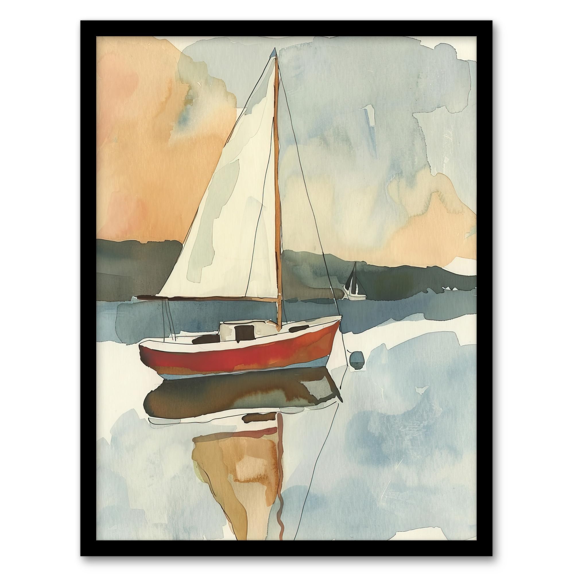 Artery8 Red Sailboat in Tranquil Sea Harbour Watercolour Bathroom Toilet Artwork Framed Wall Art Print 18X24 Inch