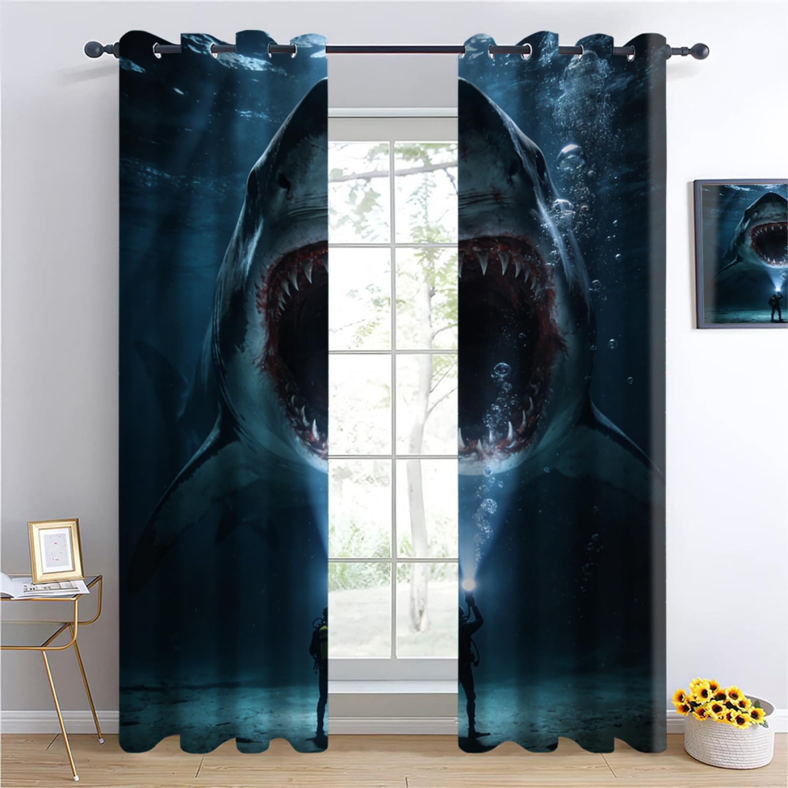 YNIOFU shark Insulated Blackout Curtains,shark's giant mouth Bedroom Curtains, Deep Sea Monster Drapes for Kids Nursery, Deep Sea Exploration Living Room Printed Noise Reducing W96 x L183cm 2 Panels