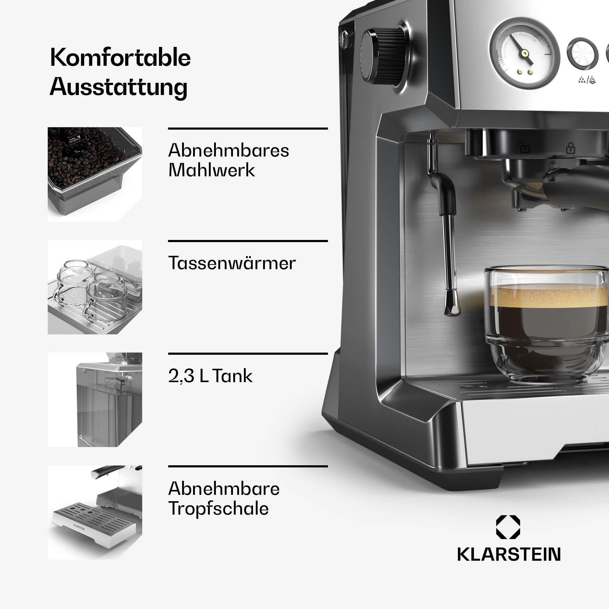 Klarstein GrandPresso Siebträgermaschine Mit Mahlwerk – 20 Bar, 1.350 W, Integriertes Präzisionsmahlwerk, Dampfdüse, 2,3-l-Wassertank, Tassenwärmer