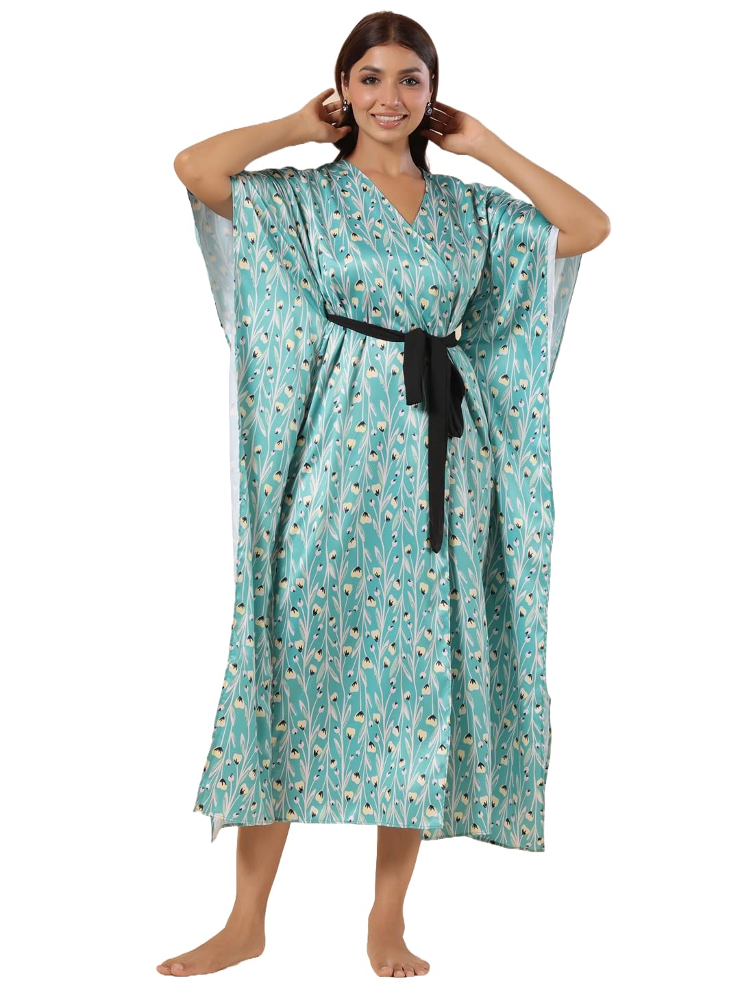 RANGE FOREVER Womens Satin Green Floral Printed Kaftan