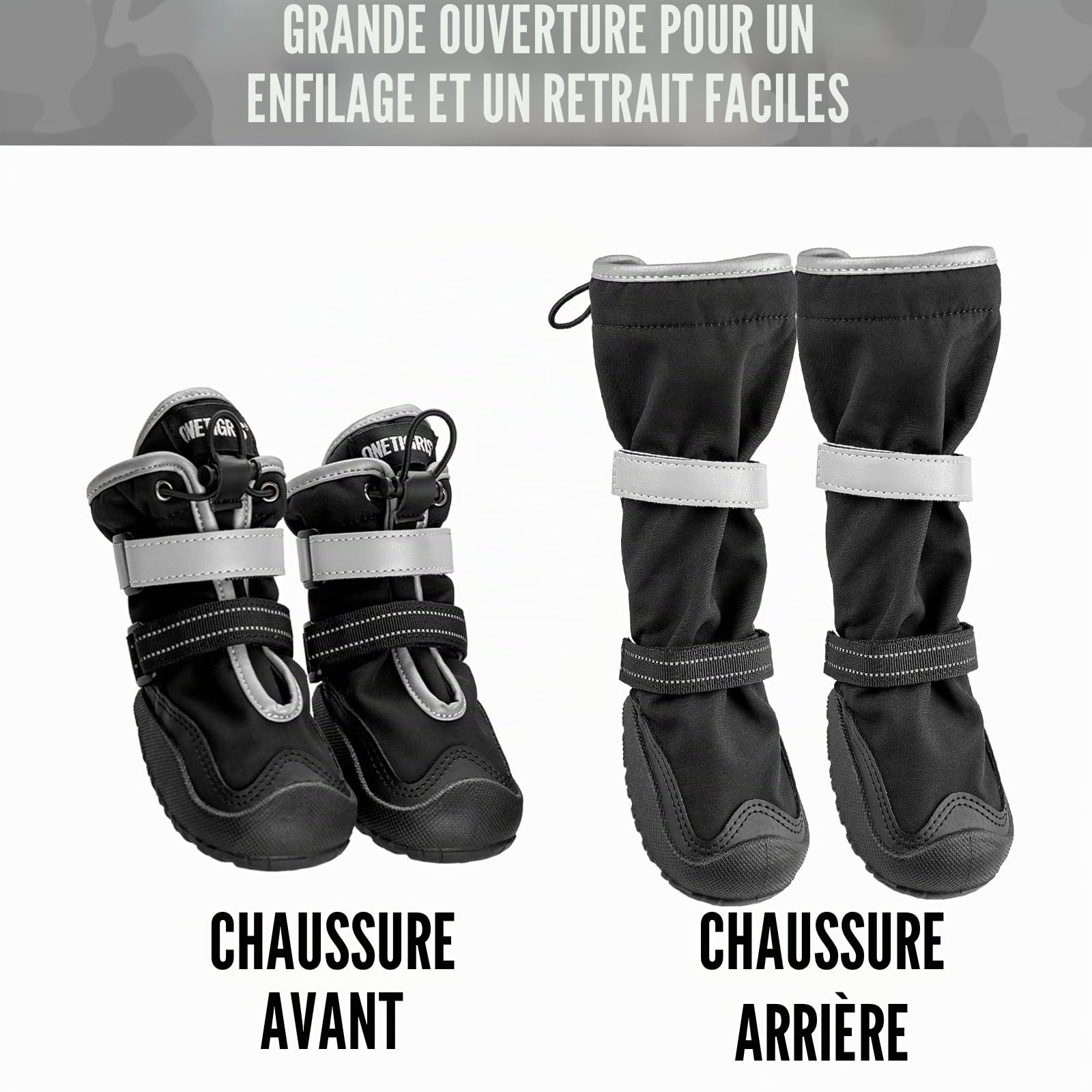 OneTigris Pathfinder Lot de 4 chaussures antidérapantes pour chien - Protection des pattes - Imperméables - Chaudes - Réglables - Avec fermeture Velcro réfléchissante - Pour chiens de taille moyenne