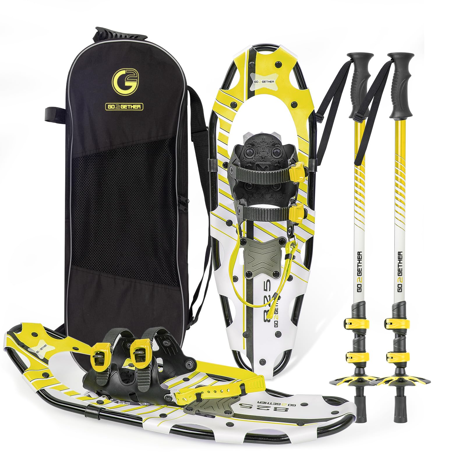 G2 leichte Schneeschuhe für Damen, Herren, Jugendliche, Set mit Trekkingstöcken, Tragetasche, Gamaschen, spezielle schnelle Ratschenbindung, Zitronengelb, 63,5 cm
