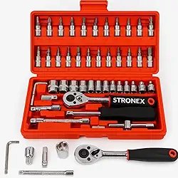 Kit de Ferramentas Profissional com 46 Peças, Maleta Vermelha Compacta, Soquetes, Bits, Chaves Allen, Catraca 1/4', 24x24x5cm