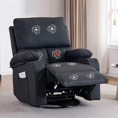 Rocking Recliner Chair with Vibration Massage and Heat,Swivel Rocker Recliner Chair for Adults, Reclining Chair with Side Pockets, Cup Holders for Living Room, Nursery, RV, Black