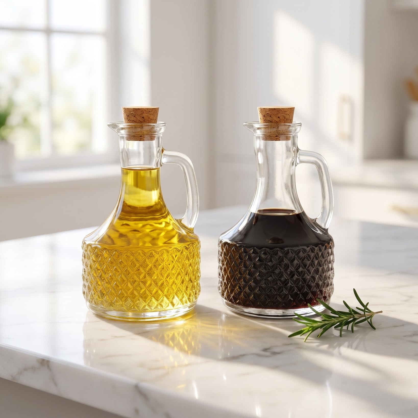 CALLARON 2 botellas de aceite de vidrio de 14 onzas con recipiente de aceite transparente de corcho, botella de almacenamiento de vinagre de aceite de cocina, botella de aceite de oliva, dispensador