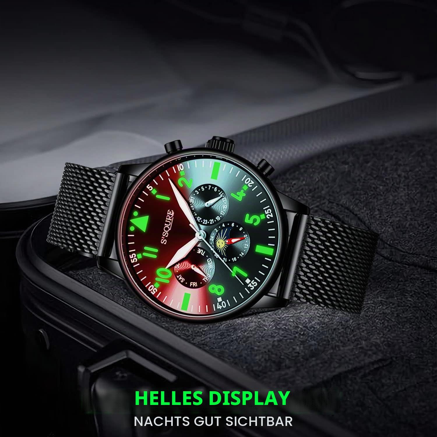 Gute Herrenuhr, automatische mechanische Armbanduhr, schwarz analog, Datum, Edelstahl. S-Armband, Sportuhren, Geschenk