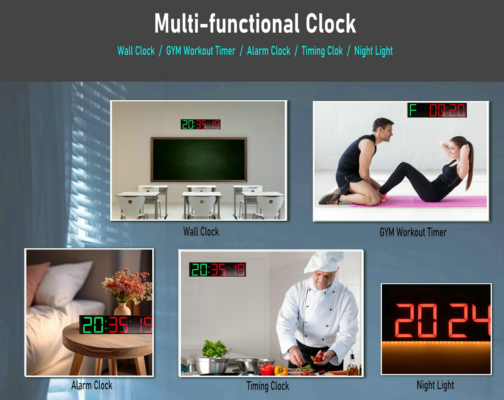 Boyiit 26'' Extra Large Home GYM Timer Clock, Programable Workout Interval Timer, Digital Wall Clock, with 7-color Night Light, 8 Alarm Clock, Calendar/Temperature, Countdown & Stopwatch (Green & Red)