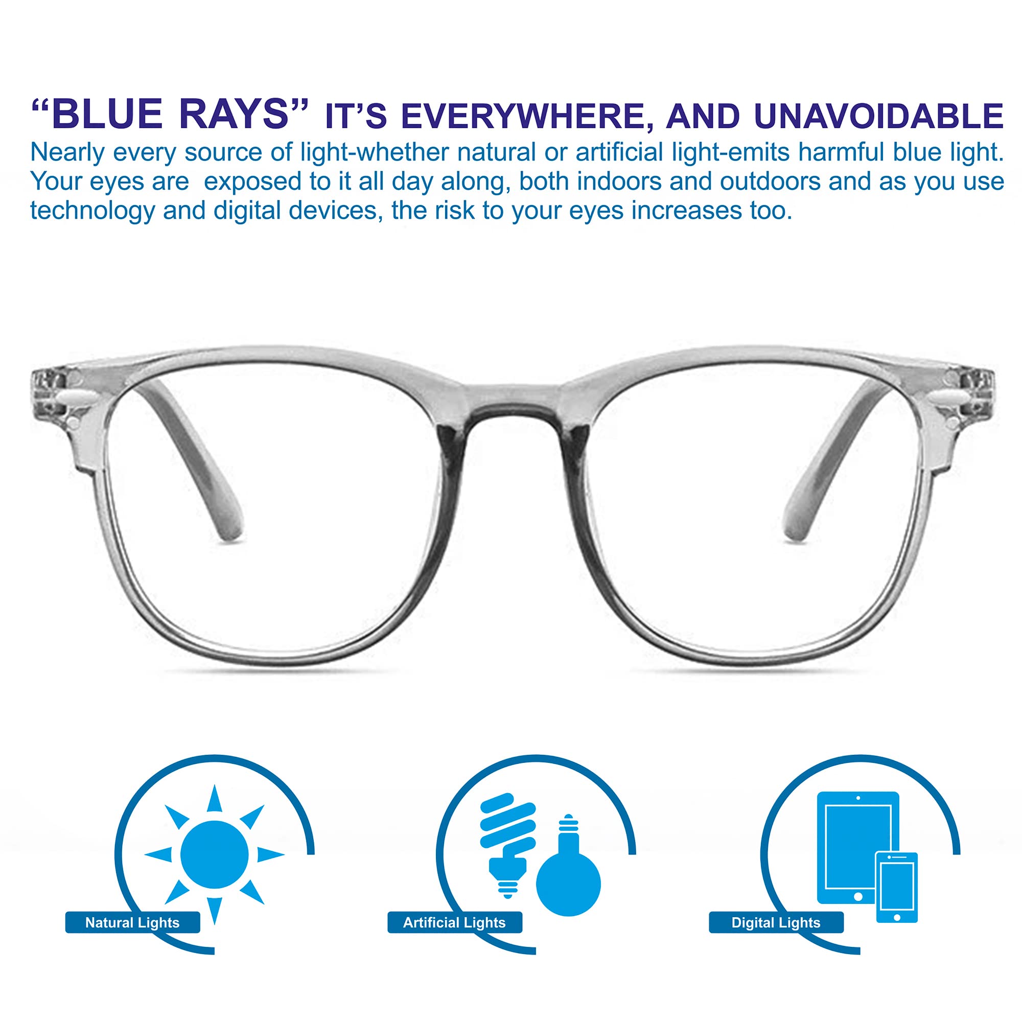 AUGEN by Visions India - Occhiali unisex con lenti blu con rivestimento antiriflesso che proteggono gli occhi dalla luce blu da computer, telefoni cellulari e tablet (Zero Power) (102)