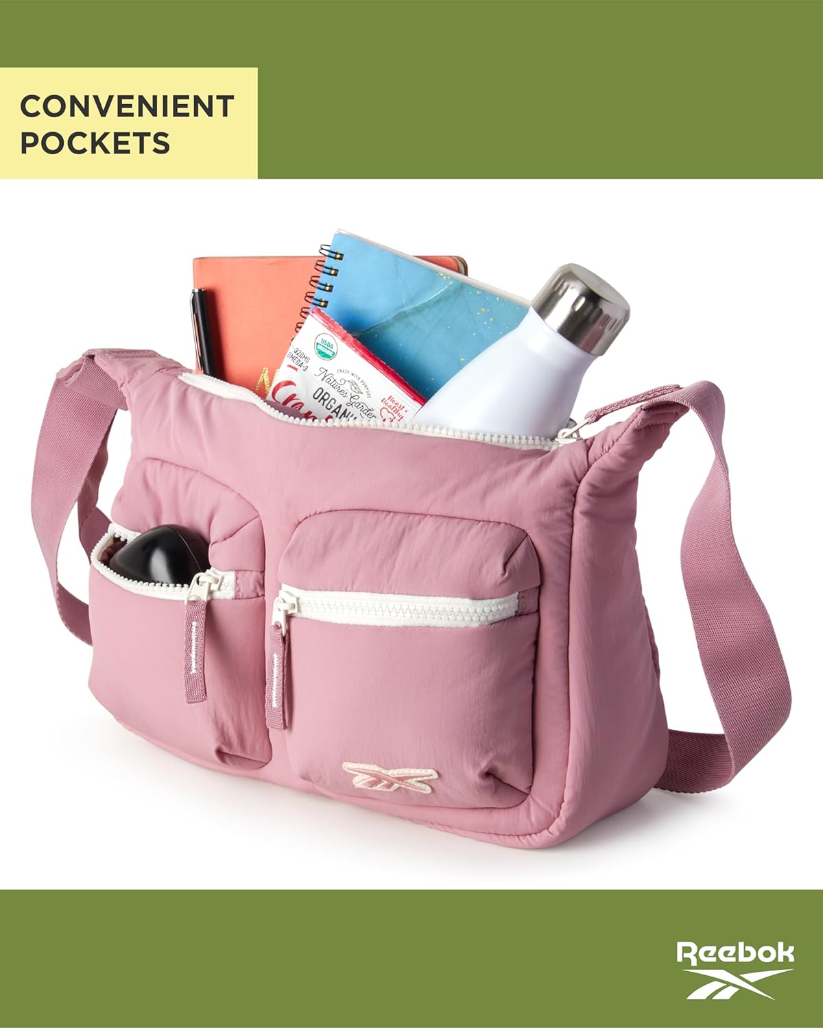 Reebok Crossbody Bags for Women - Lightweight Nylon Small Cross Body Bag Purse with Adjustable Strap for Casual Travel
