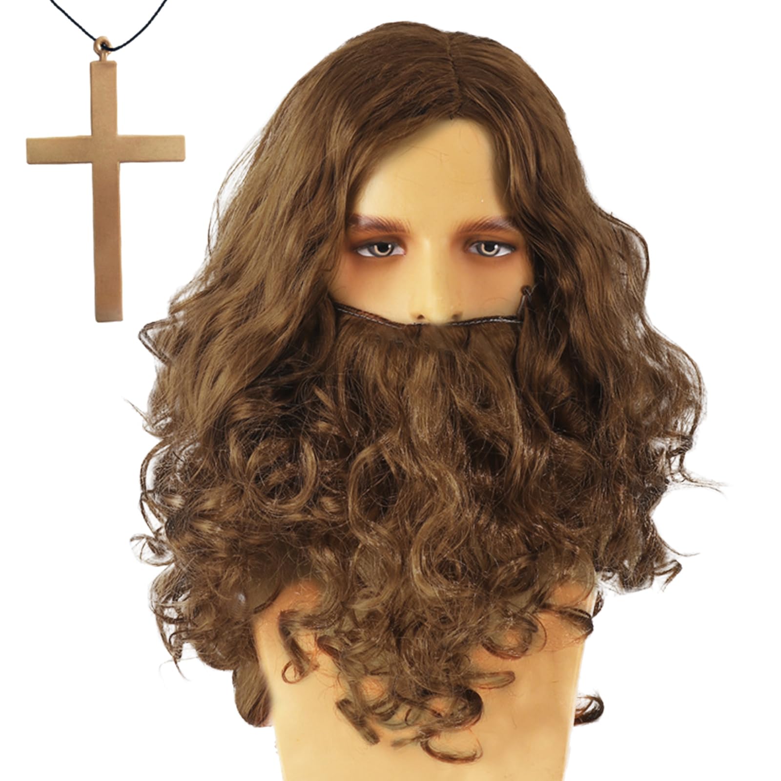 EUPSIIU Mens Wigs Brown Long Curly Wig Moustache and Crossing Necklace Adult Cosplay Halloween Costume Brown Wig Beard Fancy Dress Costume Curly Fake Wizard Christmas Cosplay Party
