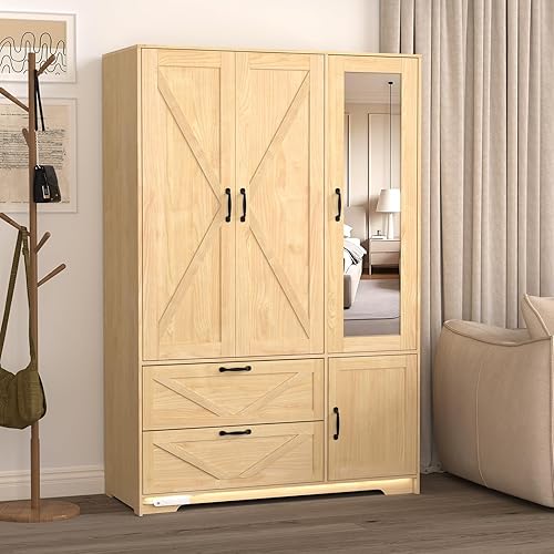 Armoire Wardrobe Closet with Mirror Door and LED Lights,3 Doors Farmhouse Bedroom Armoire with Drawers and Adjustable Shelves,Wooden Armoire Wardrobe Closet with Hanging Rod for Bedroom(Natural)