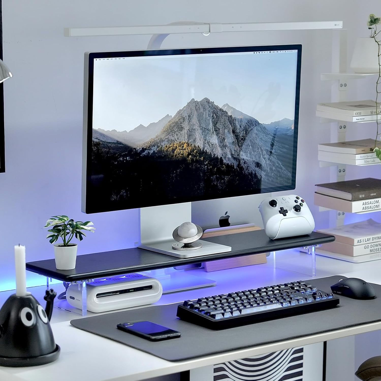 Bamboo Monitor Stand Riser with RGB Lights,31.5 Inches Desktop Shelf with Acrylic Legs Supports for Desk, PC Computer Monitor, Laptops, Printer, Speakers (Black) Black+RGB