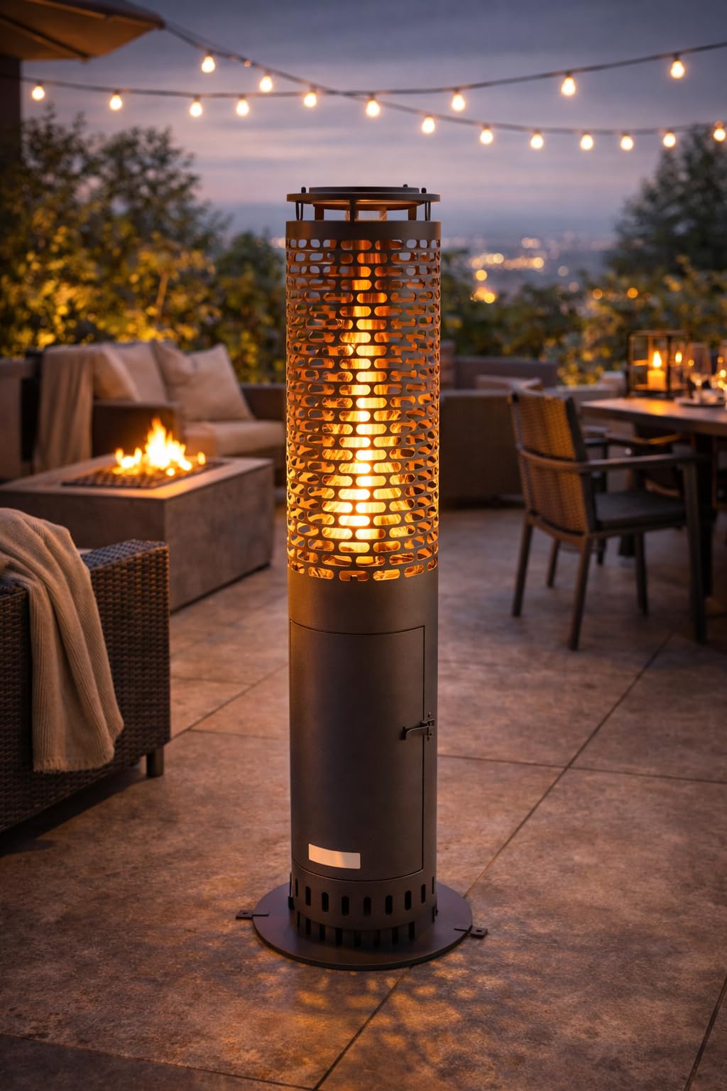DREXON - Cheminée de Terrasse à Pellets 6,86 kW PATIO HEAT – Brasero pour exterieur et Jardin – Autonomie 2h – Structure Acier & Verre – IPX4 – 26 x 26 x 95 cm