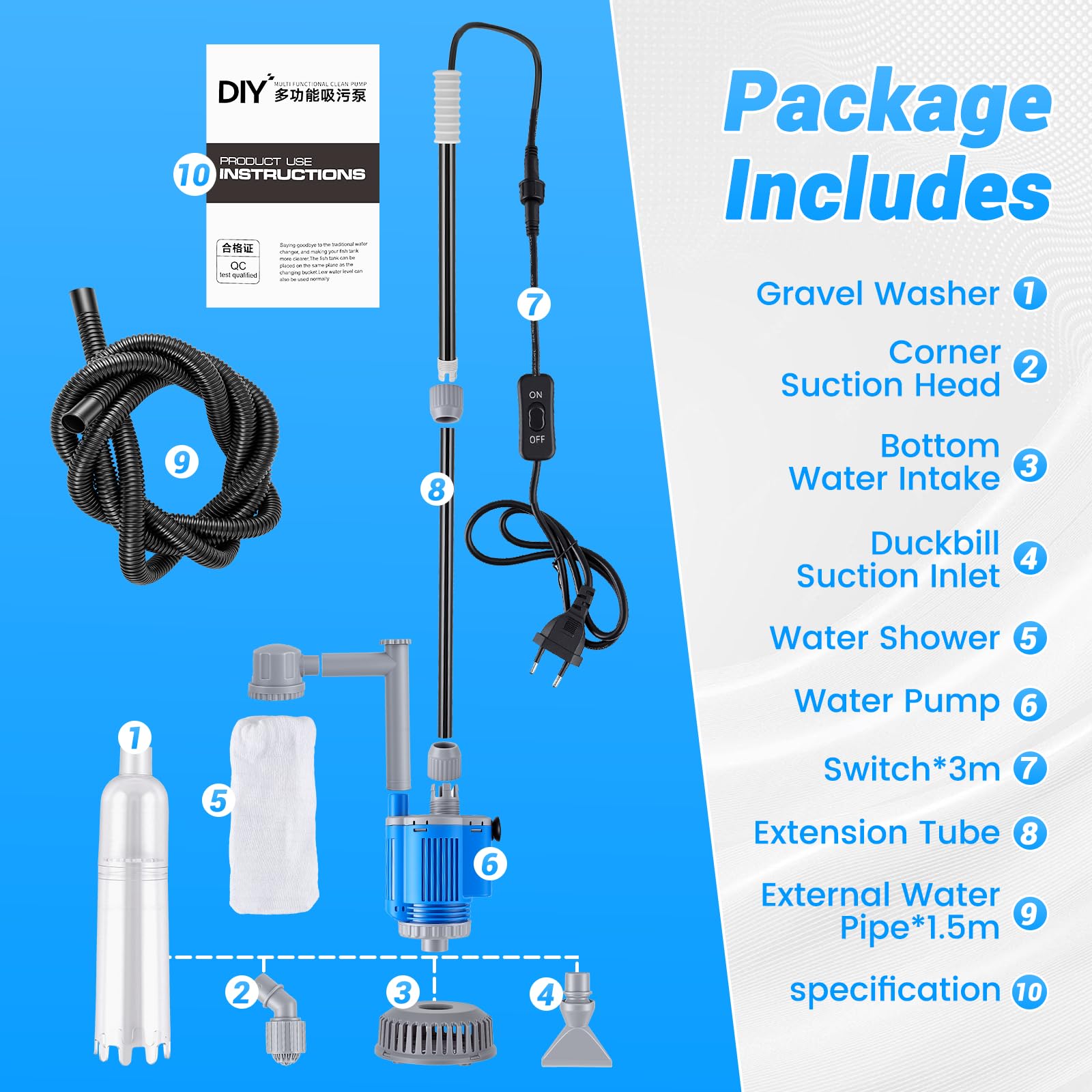 Nettoyeur Électrique pour Aquarium, Aspirateur de Gravier pour Aquarium 6 en 1 28W Nettoyage Changeur D'eau Automatique, pour Changement D'eau, Nettoyage du Sable, Élimination de la Saleté, Filtrage