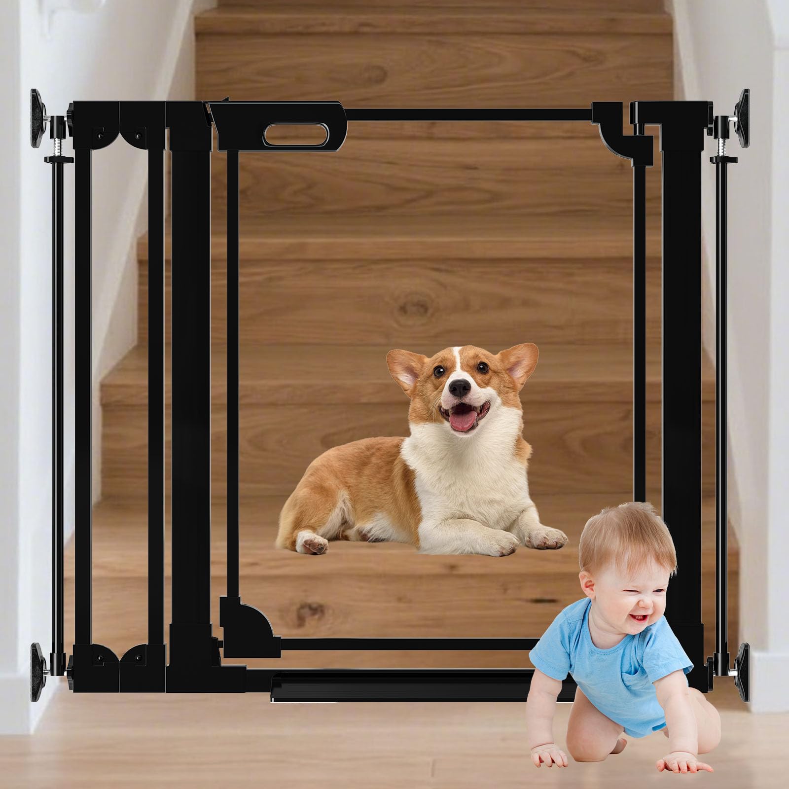 Clear Baby Gate 29.13-37.79" Wide Acrylic Safety Proof Dog Puppy Pet Barrier for Stairs, Transparent Adjustable Pressure Mounted No Drill Auto Close Indoor, Doorways, Hallway,Black