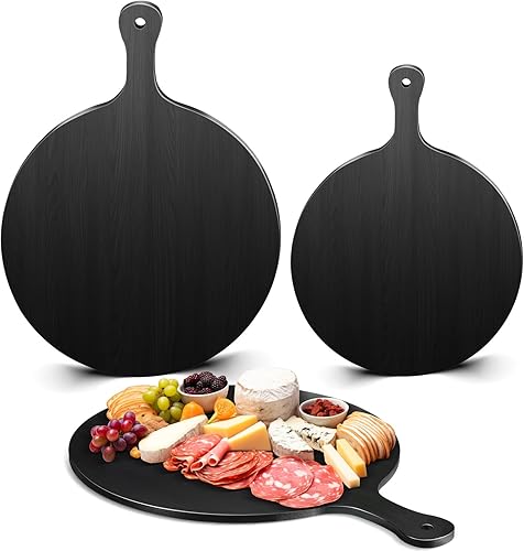 Tabla de cortar redonda negra con asa, queso de bambú y tabla de cortar, bandeja de platos negros, tablas de charcutería para cocina, pizza, pan,
