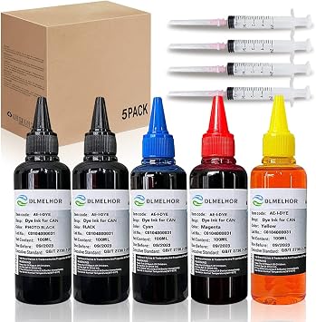 Dye Ink Refill kit for Canon PG240 PG-250 251 CL241 PG245 CL246 PG-243 CL-244 5 Color Set 5pcs Refillable Ink Inkjet Cartridge PIXMA MG3620 MG2522 MG2525 TS3322 with 4 Syringe5x100ml,PBK+BK+CMY