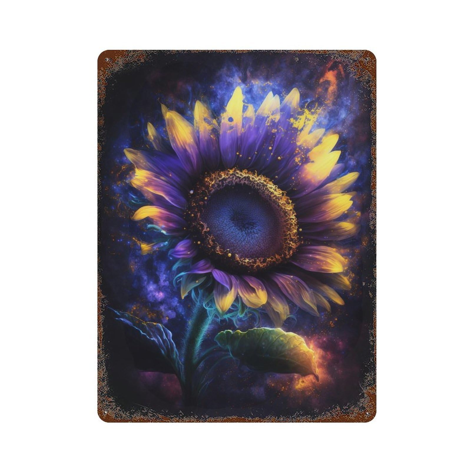 Rust Effect Cosmic Sunflower Bloom-5 Decorative Tin Sign 15.7"x11.8", Classic Wall Plaque for Pub, Kitchen And Man Cave Decor