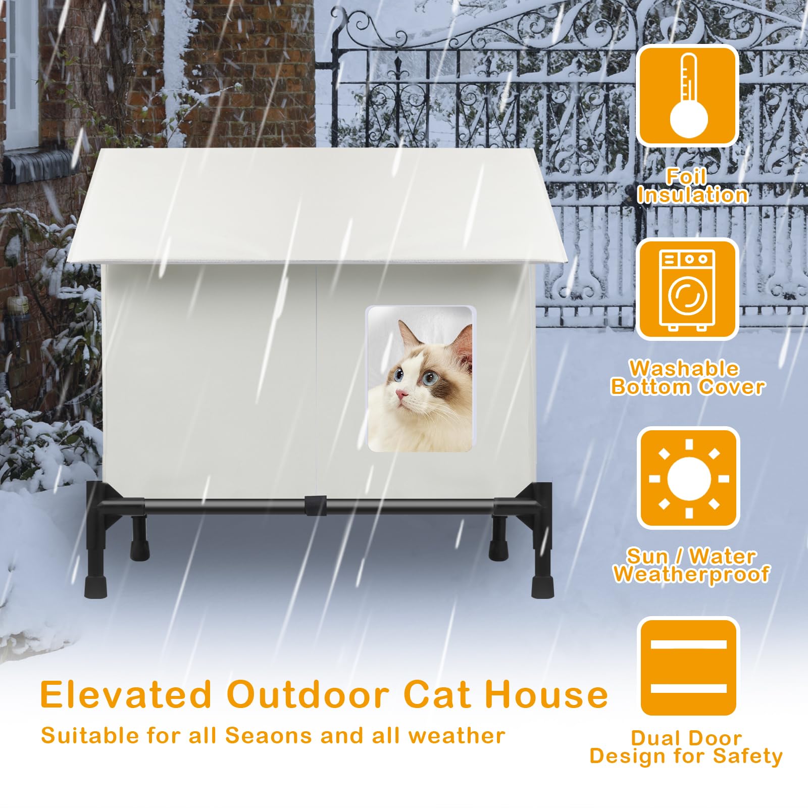 Insulated Outdoor Cat House Weatherproof for Winter w/ 2 Doors, Elevated Bed House for Outdoor Outside Feral Stray Barn Community Cats, Foldable Waterproof Cat Shelter House w/Self-Warming Pad 22x19
