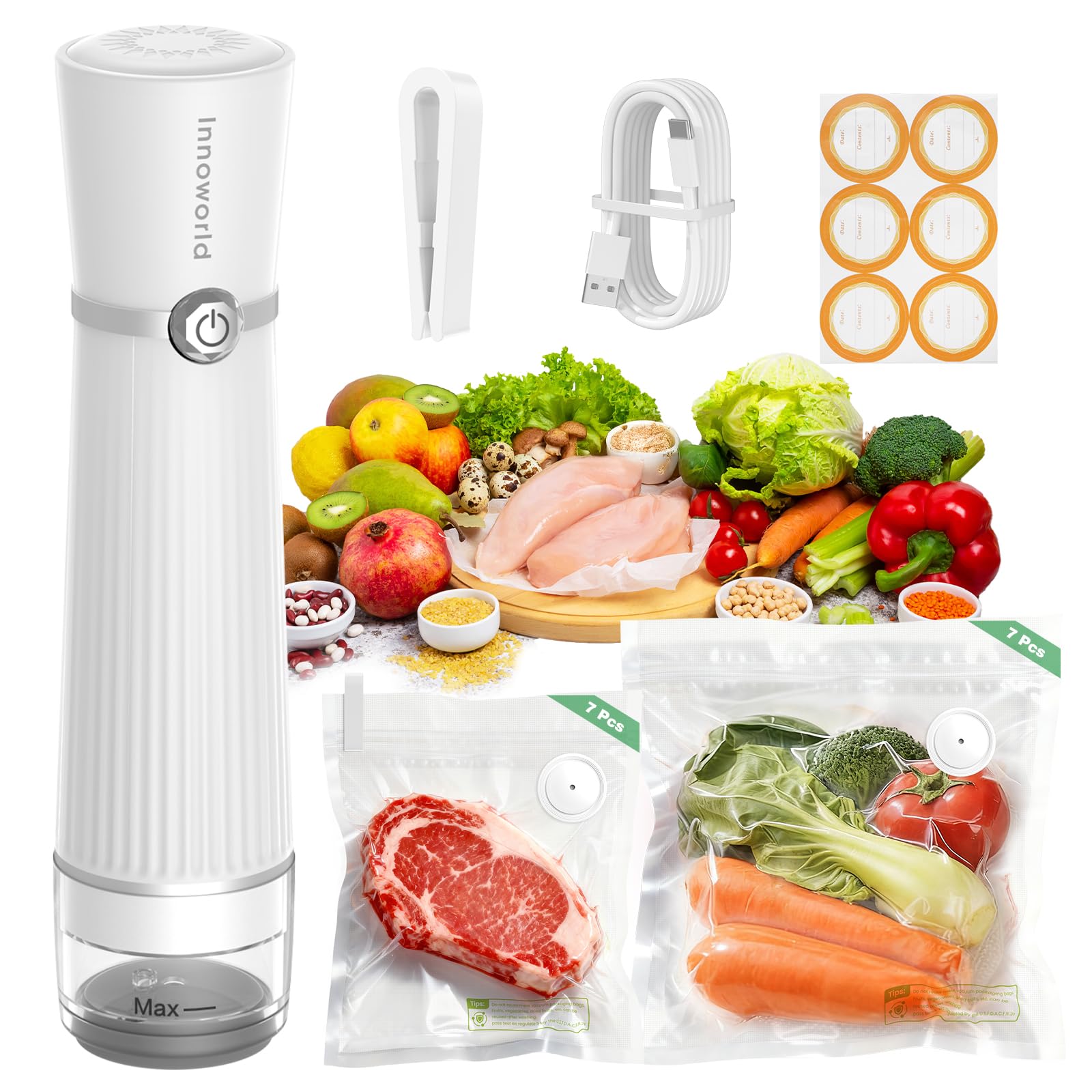 Machine à emballer sous vide pour aliments avec réservoir d'eau visible, machine à emballer sous vide compacte avec 14 sacs sous vide réutilisables, 6 x conservations et frais, emballage