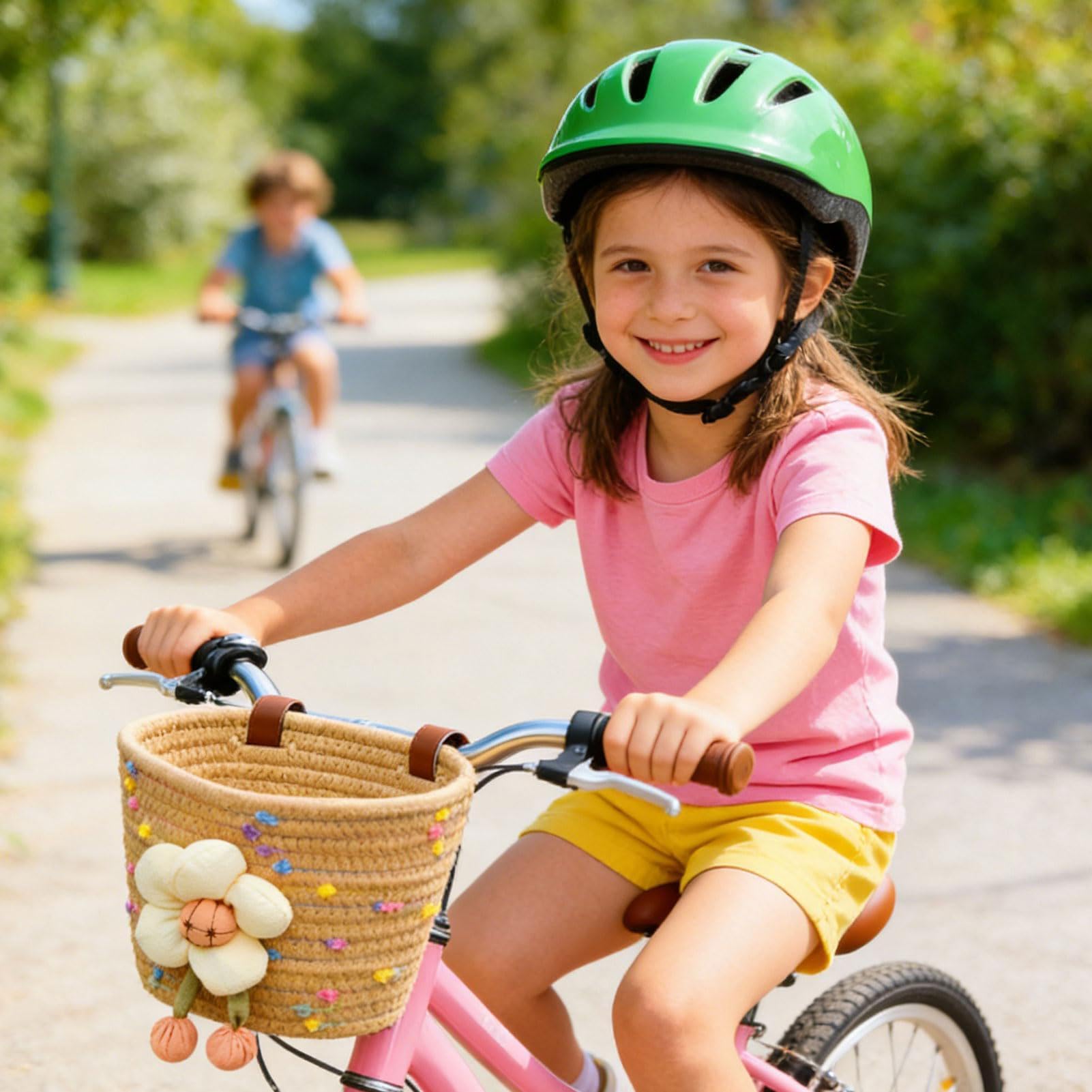 Kids Bicycle Basket - Hand Woven Cotton Rope Plush Flower, Kids Small Bicycle Basket for Scooters, Tricycles, Balance Bikes, Beverages Keys Small Toys Storage Front Handle Use