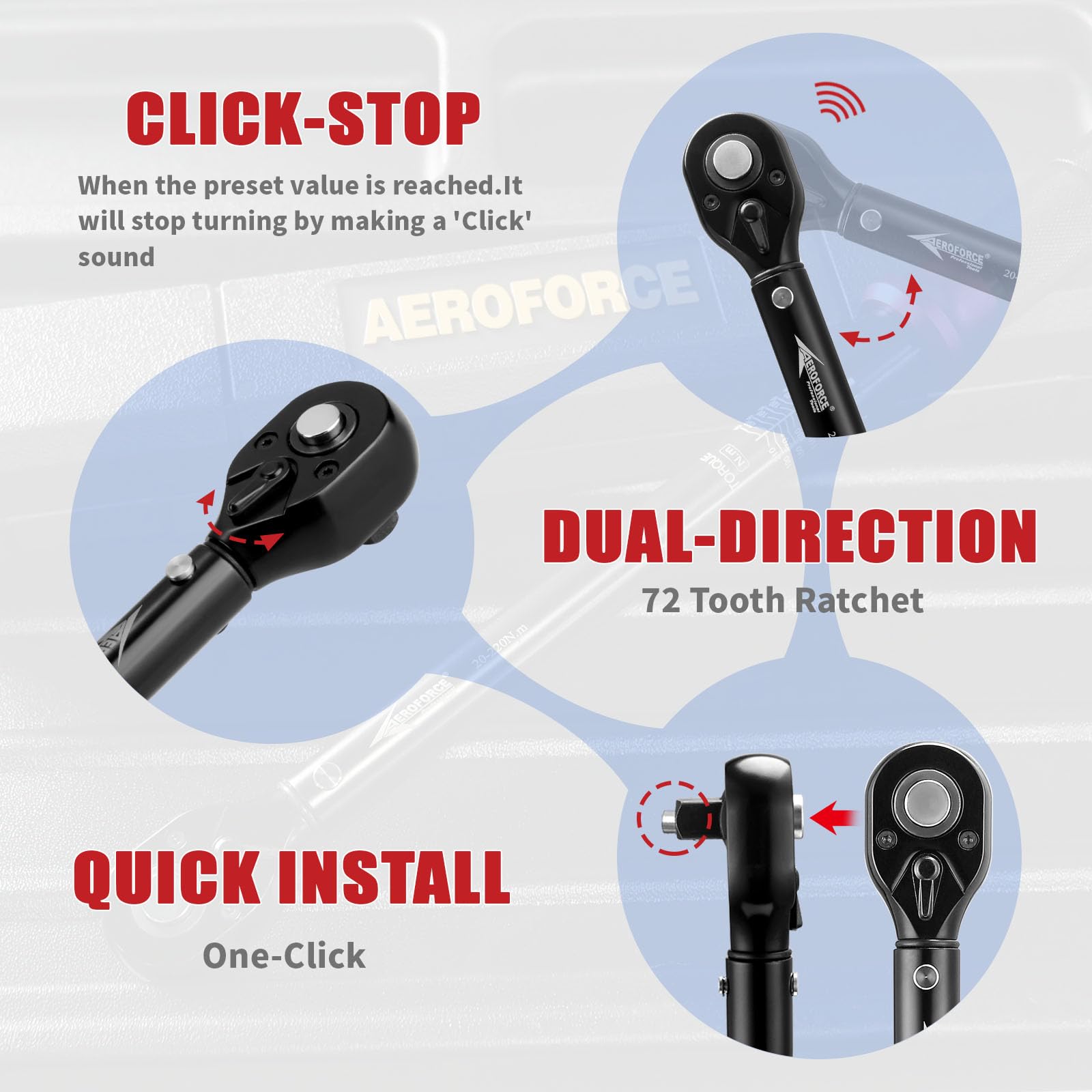 AEROFORCE Chiave dinamometrica 1/4" con inversione direzionale doppia a 72 denti (5-25 NM)