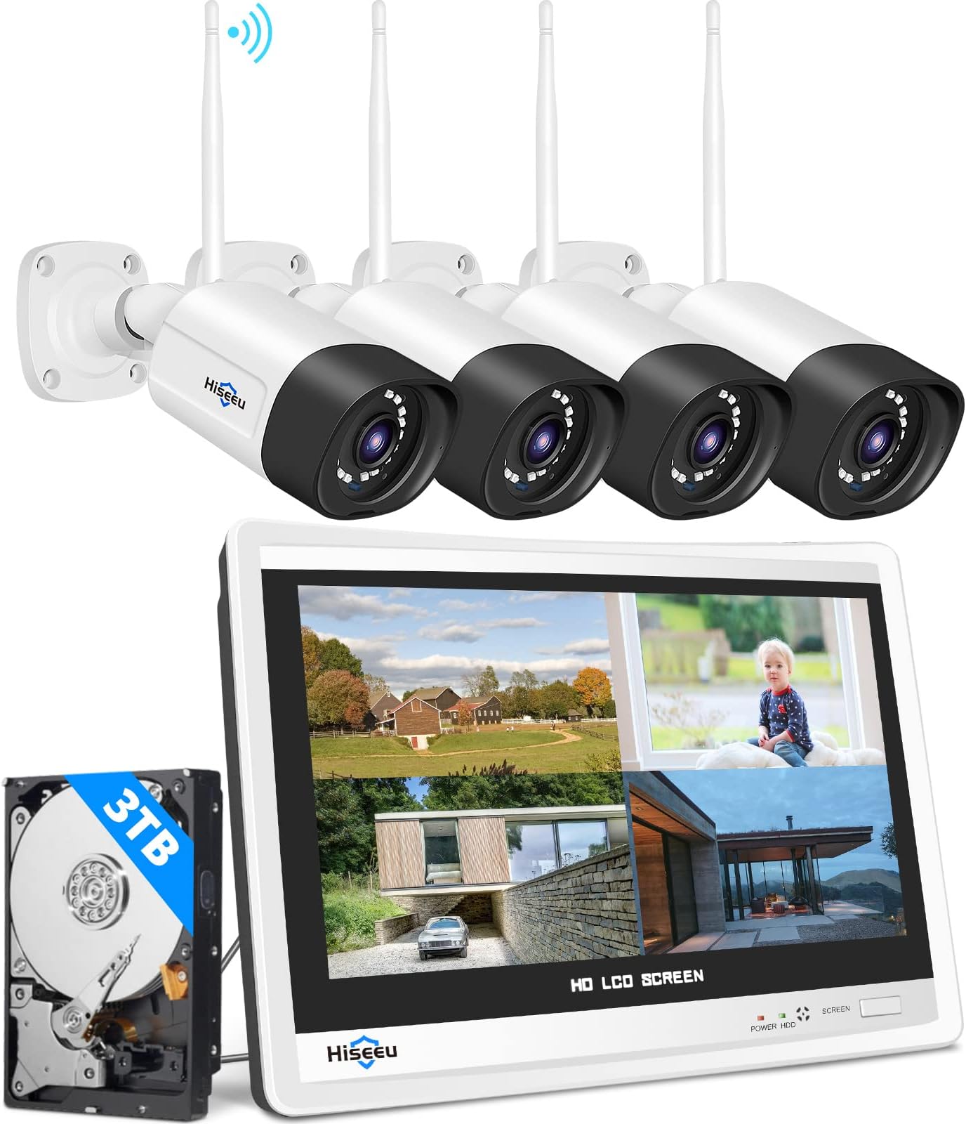 【5MP+3TB Hard Drive】Hiseeu Wireless Security Camera System with 12"Monitor Wireless CCTV System 10CH NVR,4x5Megapixel Outdoor WiFi IP Camera with 2-Way Audio Night Vision Remote View Instant Alert