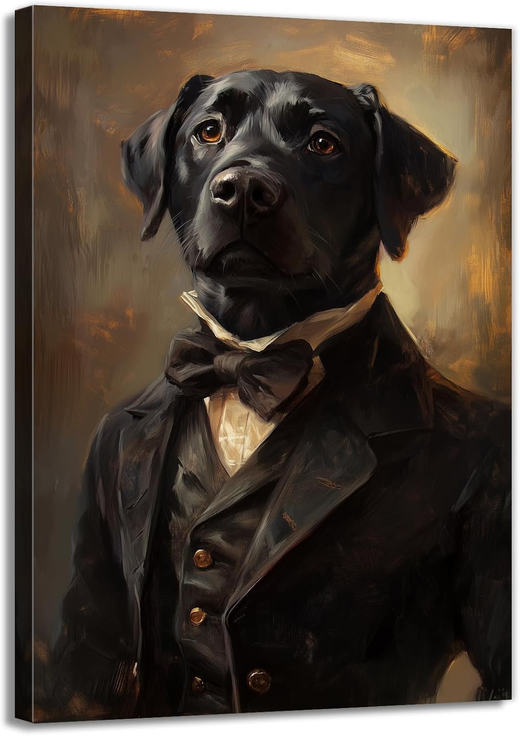 Gentleman Black Dog Portrait Framed Canvas Wall Art - Medieval Renaissance Vintage Pet Decor, 12x18 Inch for Living Room Bedroom