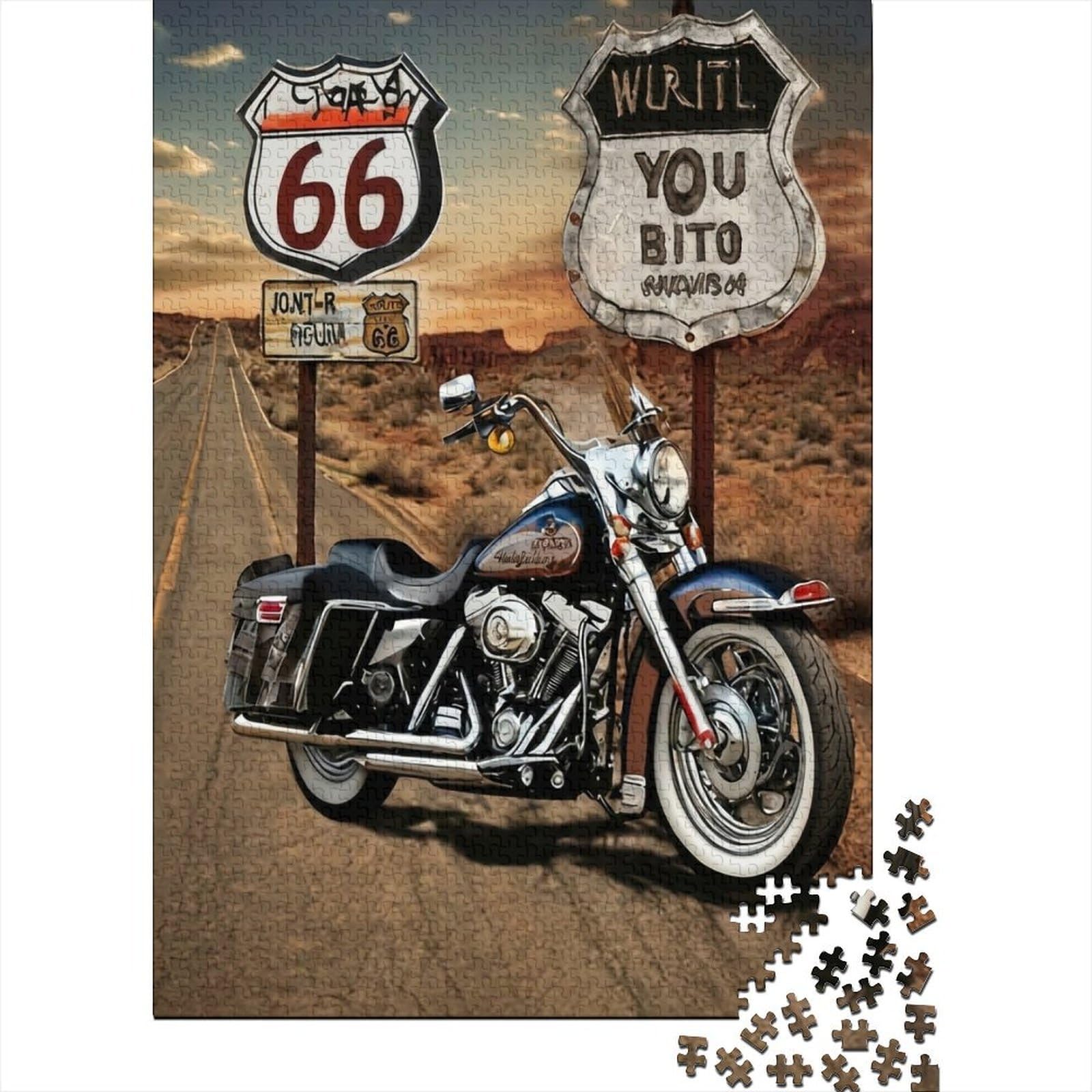 Vintage Motorcycle 1000 Piece Jigsaw Puzzle paperboard for adults Retro Route 66 Poster Design Home Decoration Stress Relief — image 1