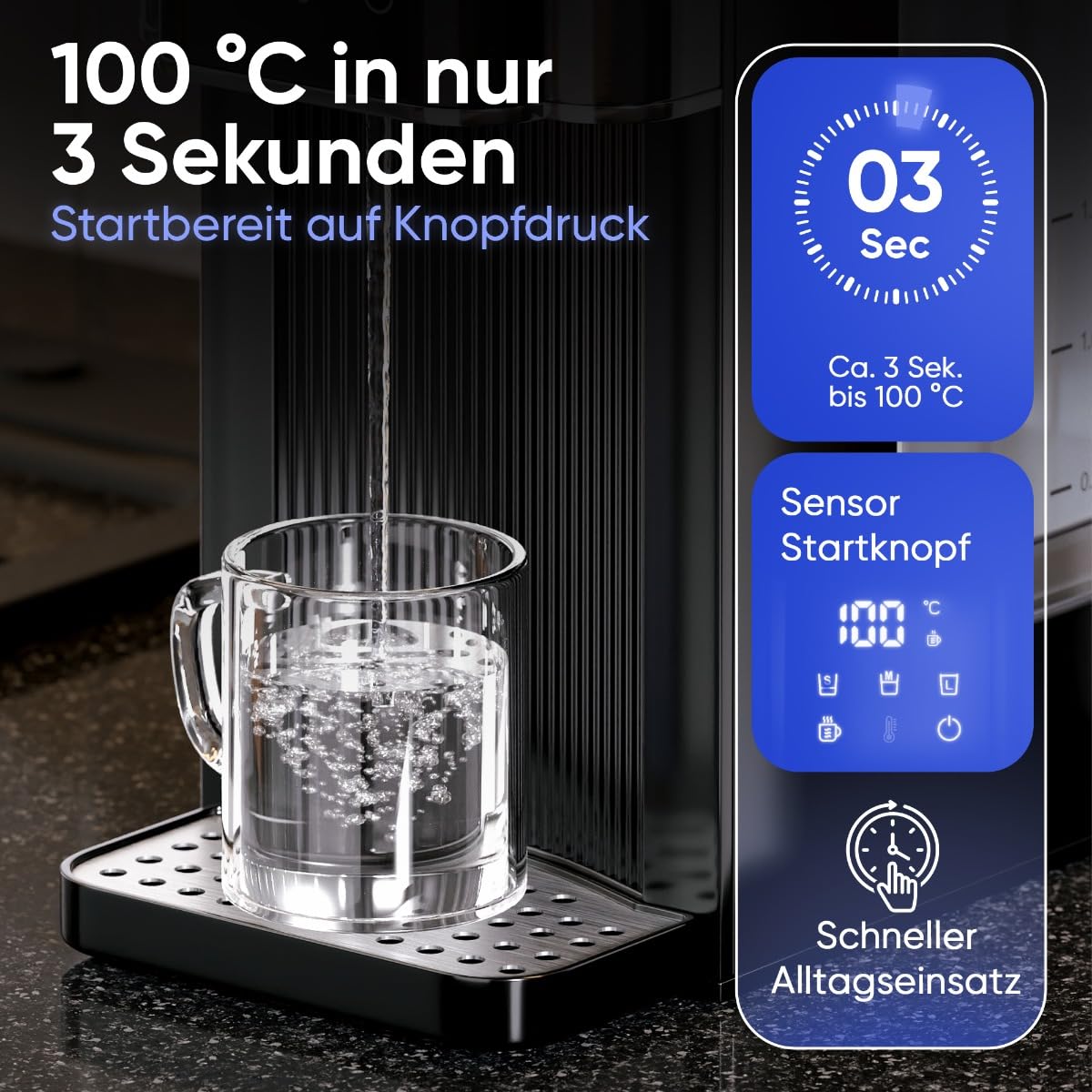 ProfiCook® Heißwasserspender | 100°C in 3 Sek. | 7 Temperaturstufen | Babynahrung geeignet | 40-100 °C | Teekocher mit Temperatureinstellung | 3L Tank | Quick Select | Sensor Touch | PC-HWS 1320