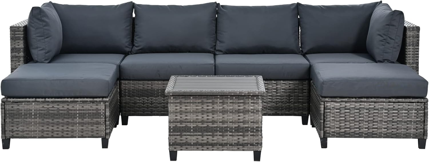 Top-desann view of the 7-piece rattan patio furniture set, showing its modular arrangement.