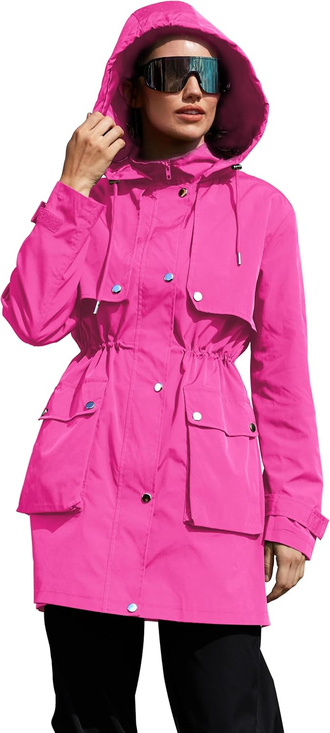PESION Women's Waterproof Long Rain Jacket Lightweight Raincoat Lined Windbreaker Trench Coat for Outdoor Travel Hiking