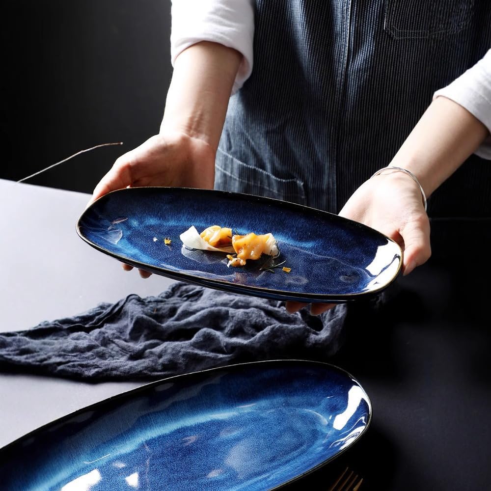 Kiln-Changed Ceramic Plates Dan-Shaped Hotel Sushi Household Fish Dinner Tableware Snack Breakfast Desserts Dessert Salads Fruit Ice Cream Salad Soup Pasta Snacks (Large plate)