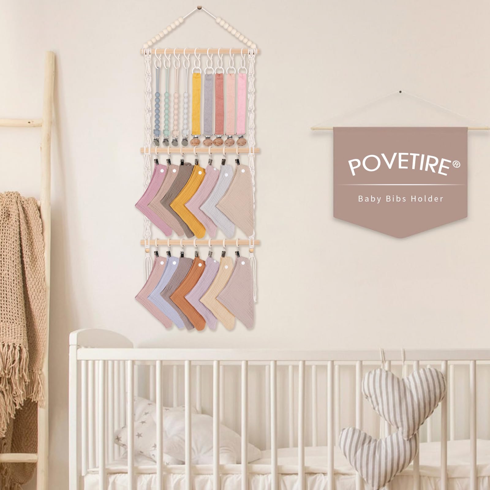 POVETIRE Organizador de baberos para bebé, soporte neutro para baberos para bebé, bandana para bebé, organizador de paños para eructos, decoración de pared para guardería, recién nacido, habitación de