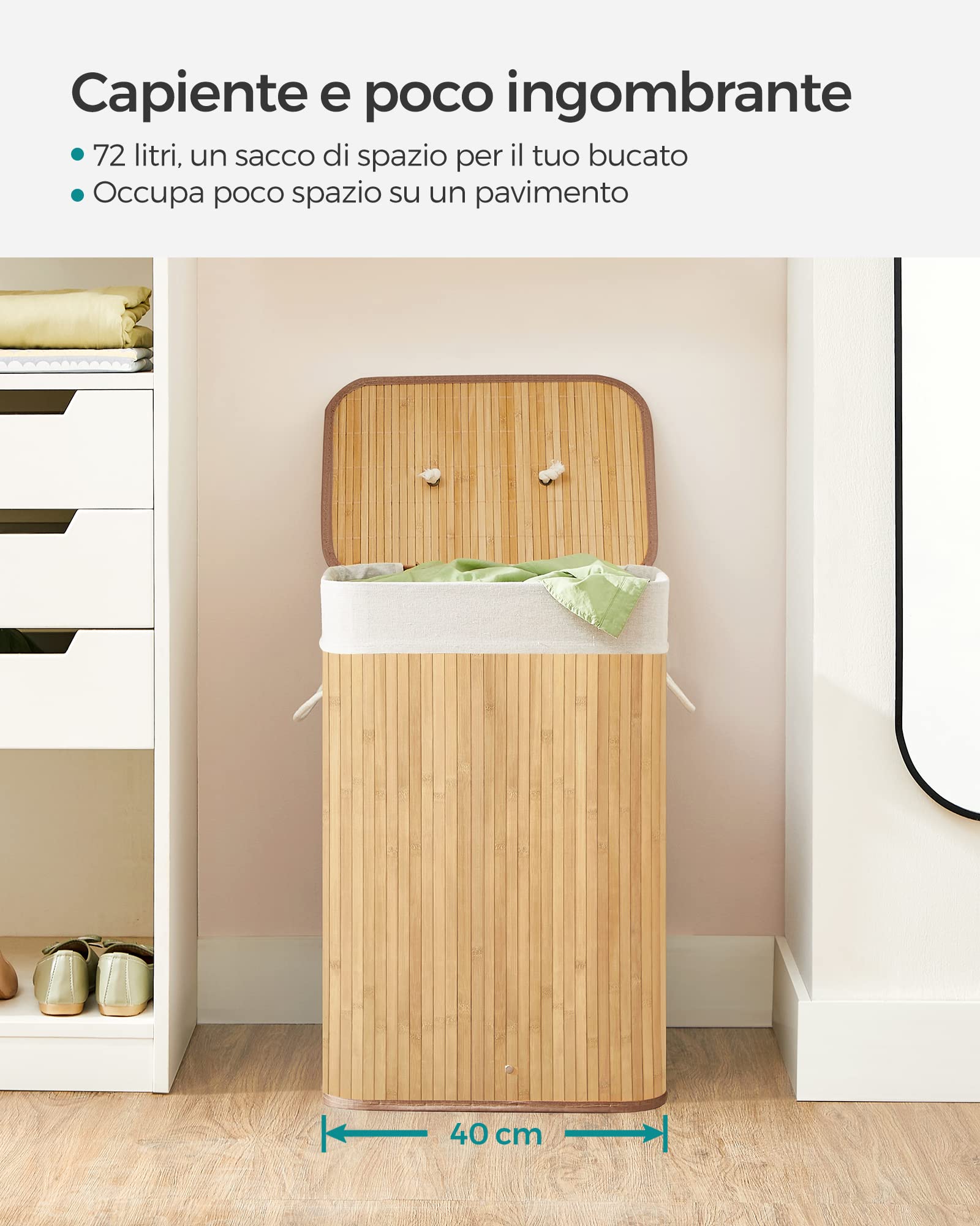 SONGMICS Cesta Portabiancheria con Coperchio, 72 L, Cesto Porta Biancheria in Bamb? Pieghevole, Sacco Rimovibile e Lavabile in Lavatrice, Maniglie, Lavanderia Camera, Naturale LCB10Y