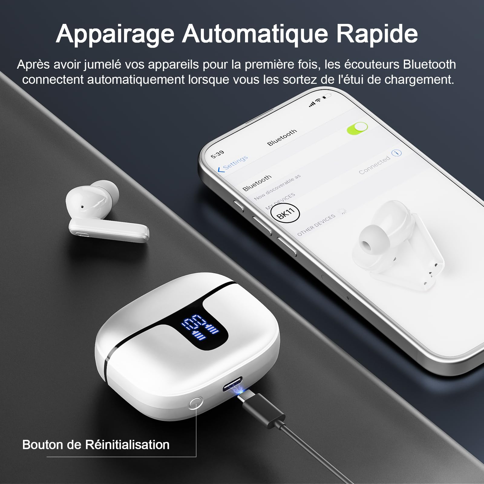 Ecouteurs Bluetooth Sans Fil, Écouteur Sans Fil avec 4 ENC Réduction de Bruit Mic, Oreillette Bluetooth 5.3 HiFi Son Stéréo, 40H Récréation, Écran LED, IP7 Étanche Sport Casque pour iOS Android, Blanc
