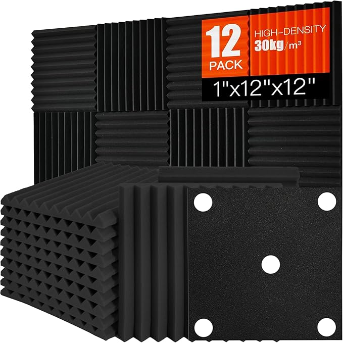 Acoustic Foam Panels Sound Absorbing 12 Pack - 1" X 12"X 12" Sound Proof Panels Noise Reducing for Walls, High Density Sound Deadening Panels Black Wedge for Studio Recording & Office & Home