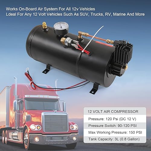 Miniatura 2 de Bomba de tanque de compresor de aire DC 12V MAX 150PSI con tanque de 3 litros, bomba de compresor de aire portátil de 0.8 galones para tren, camión,