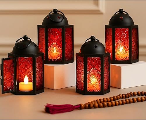 Juego de 4 faroles portavelas Vela Lanterns, decorativos, marroquíes, de cristal rojo, tamaño pequeño