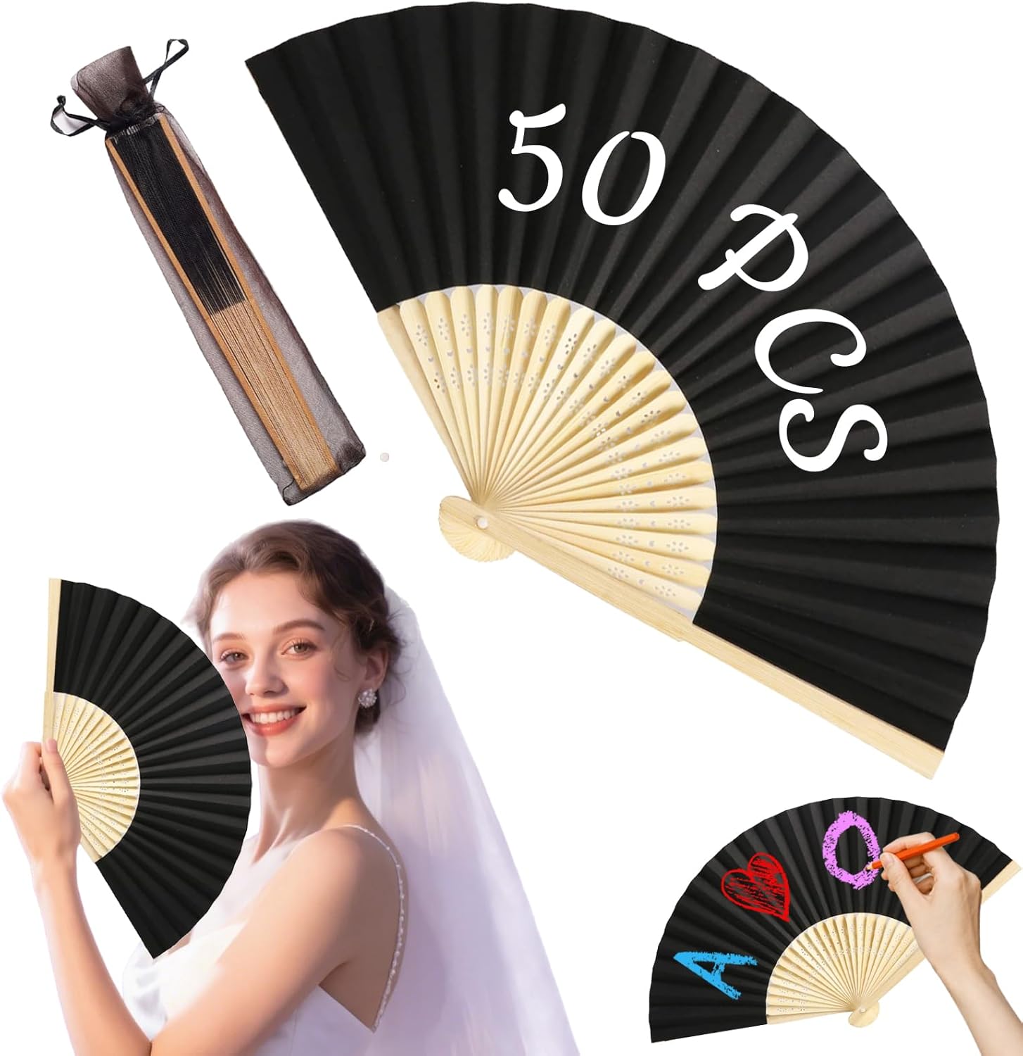 HJX 50Pcs Black Paper Hand Fans Bulk, 8.3 Inch Foldable Handheld Fans for Wedding Party Favors, DIY Crafts, Home Decor