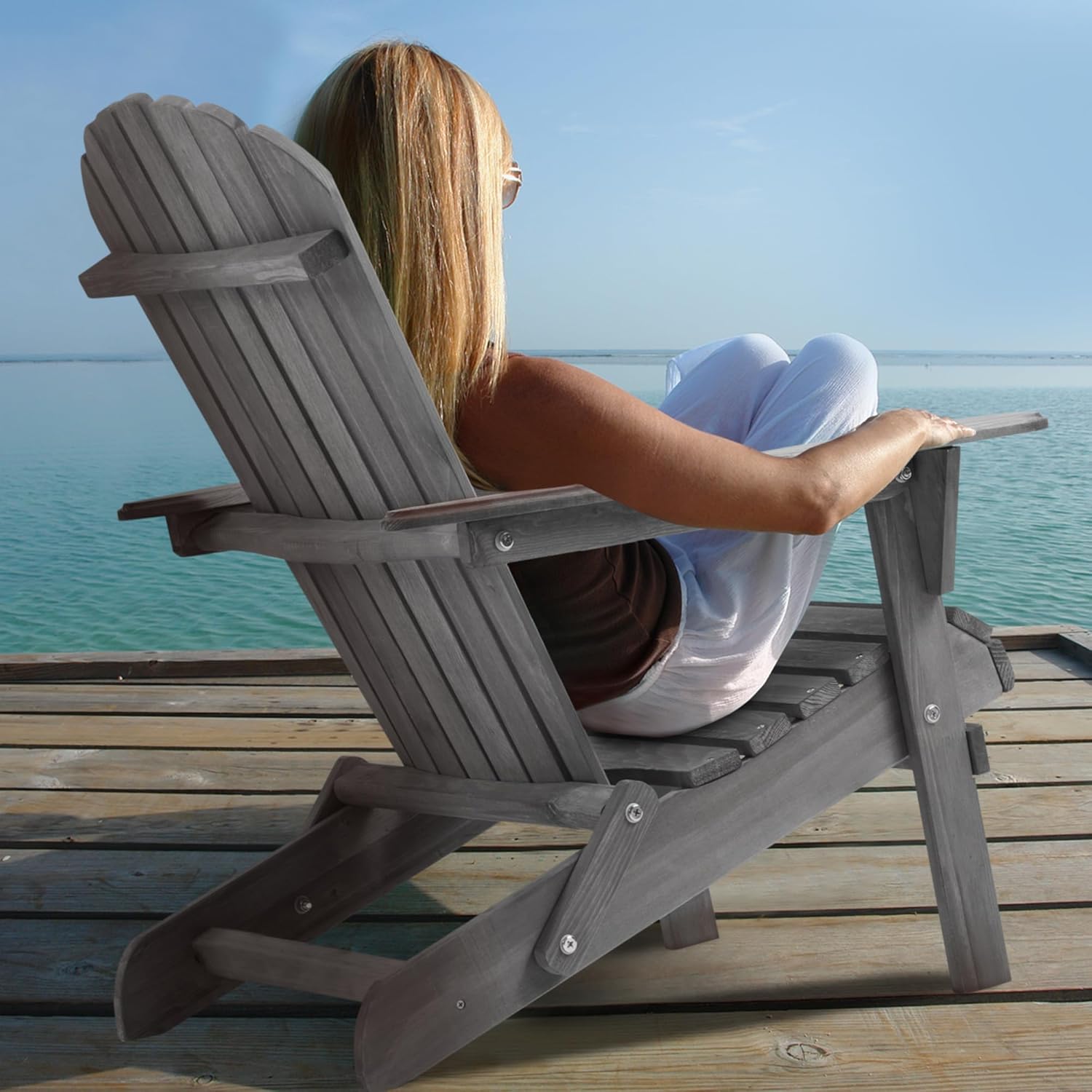 Adirondack Chair Set of 2, Outdoor Wooden Folding Patio Chair with Solid Cedar BackRest, Comfortable Lounge Chair for Patio, Deck, Yard, Lawn and Garden Seating Swimming Pool (Grey)
