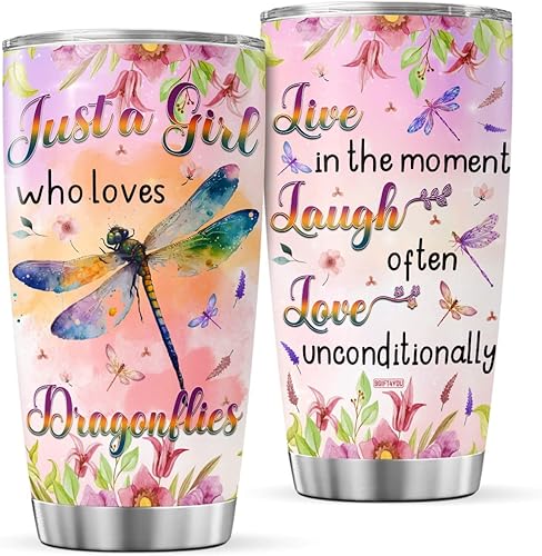 Vaso de café con tapa con texto en inglés "Just A Girl Who Loves Travel Mug with Lid Cute Birthday Gifts for Dragonfly Lovers Women Girls Mom",
