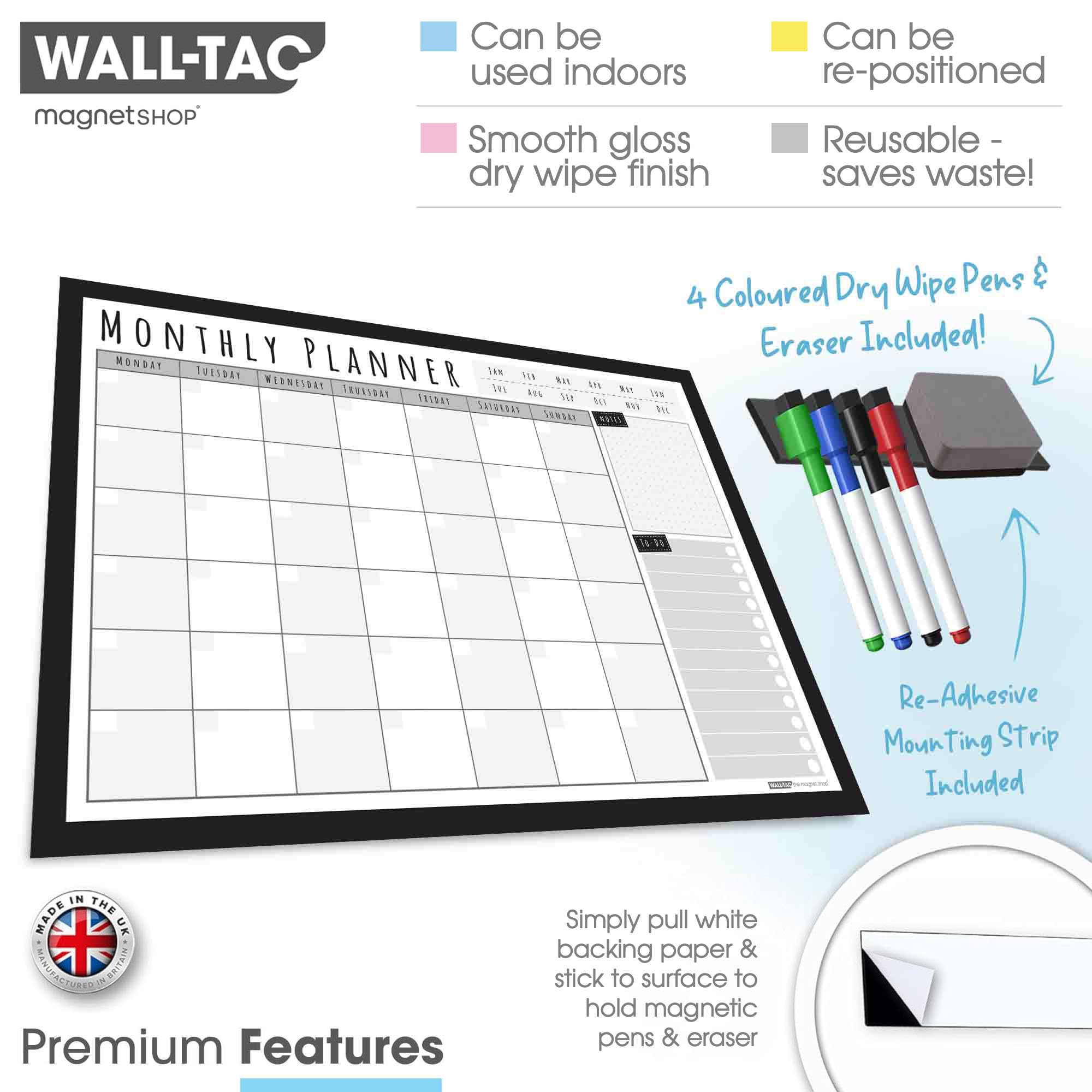 WallTAC Re-Adhesive Wandplanner, Dry Erase Kalender en Maandelijkse
