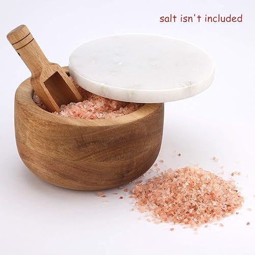 Miniatura 3 de Recipiente grande de madera de acacia para condimentos, condimentos y cuchara, caja de almacenamiento de sal y cuchara, tapa de mármol blanco