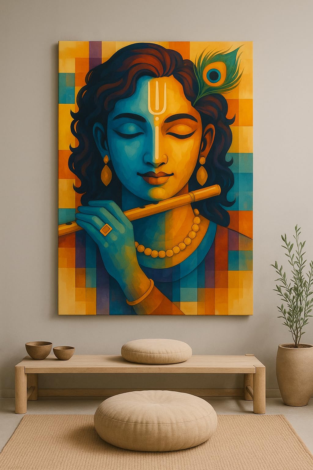 Lord Krishna Playing Flute Handmade Oil Painting on Canvas (A5 9×6 innches)-image-31