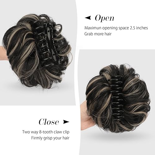 Miniatura 2 de FESHFEN Moños de pelo con clip de garra, moño desordenado, color negro, marrón y rubio, rizado, ondulado, recogido, moño sintético, moño para mujer,